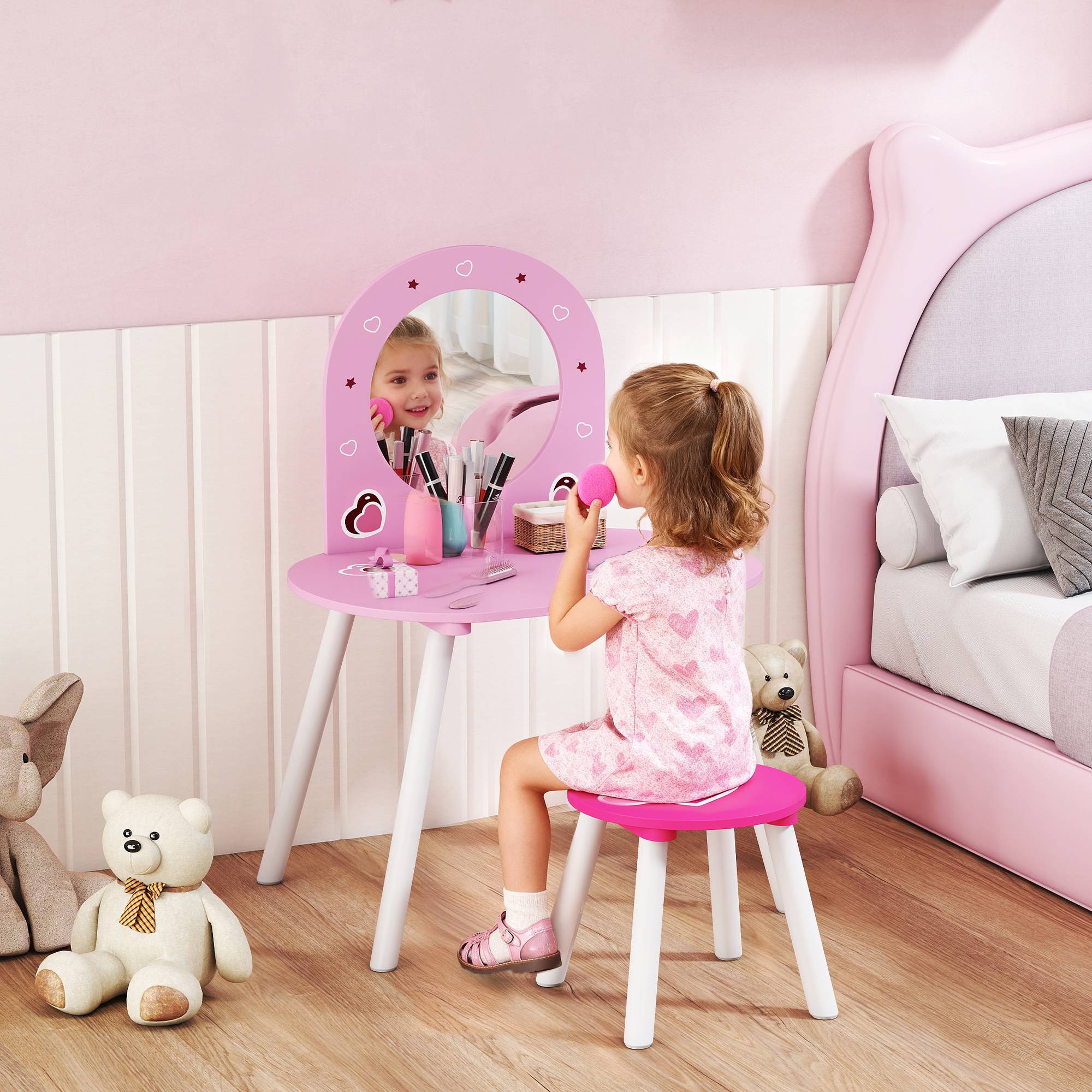 Sans Marque - Coiffeuse pour enfants avec tabouret et miroir, rose, ornée de cœurs, pour filles et garçons de 3 à 6 ans. - Image 3