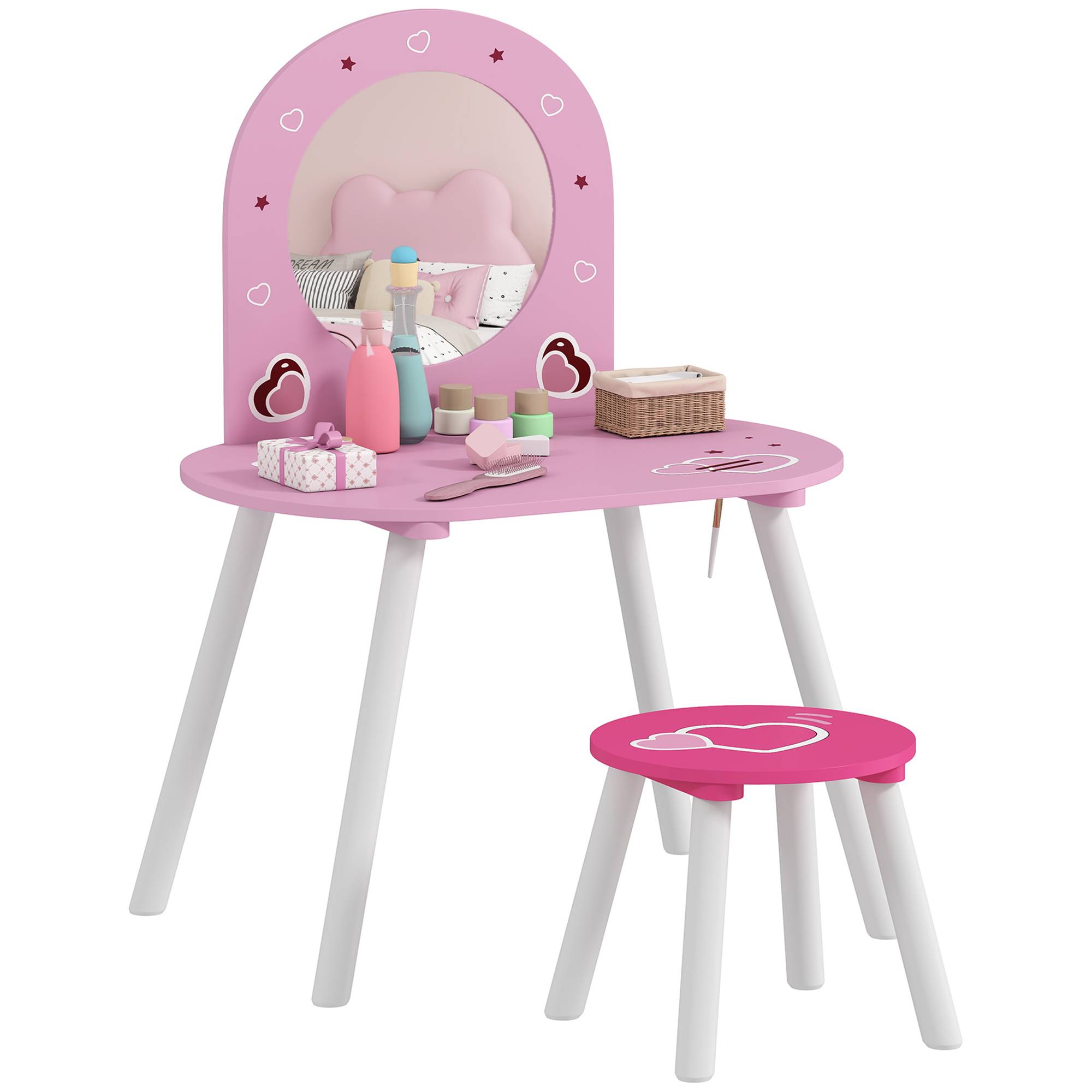 Sans Marque - Coiffeuse pour enfants avec tabouret et miroir, rose, ornée de cœurs, pour filles et garçons de 3 à 6 ans. - Image 1