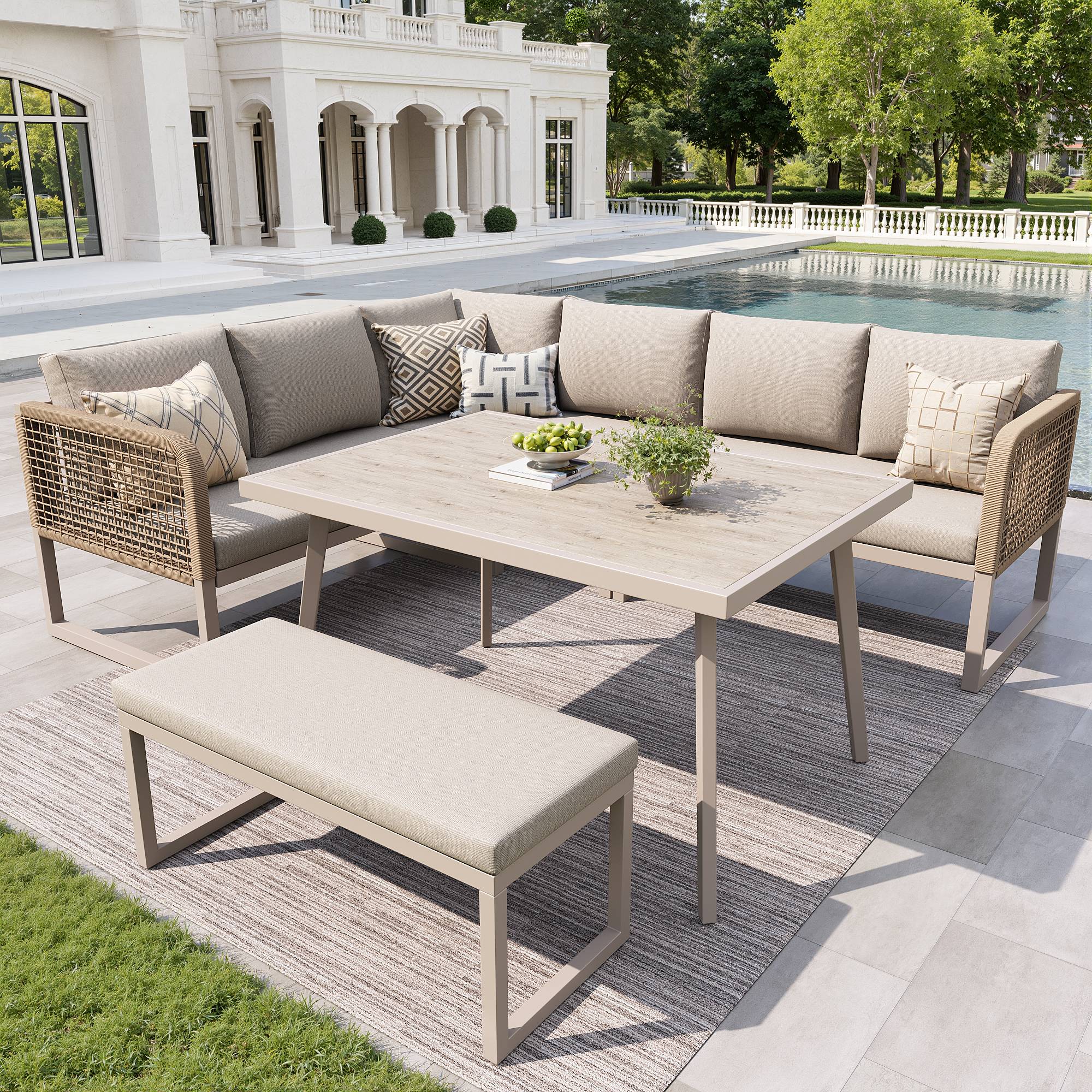 Salon de jardin PE rotin métal beige 121.5 x 61 x 77 cm - PANGIVO - Image 3