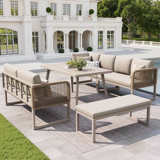 Salon de jardin PE rotin métal beige 121.5 x 61 x 77 cm - PANGIVO - Image 4