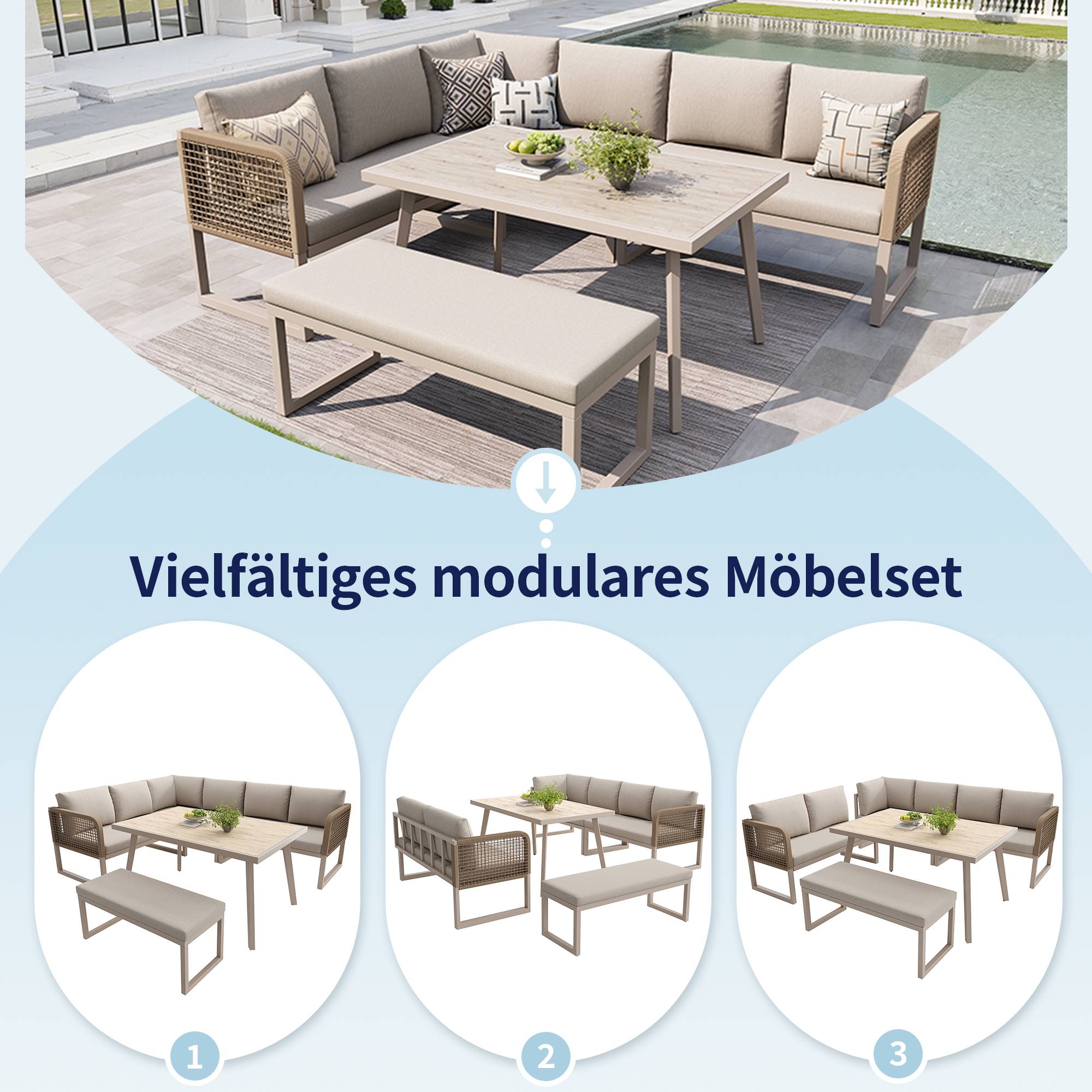 Salon de jardin PE rotin métal beige 121.5 x 61 x 77 cm - PANGIVO - Image 8