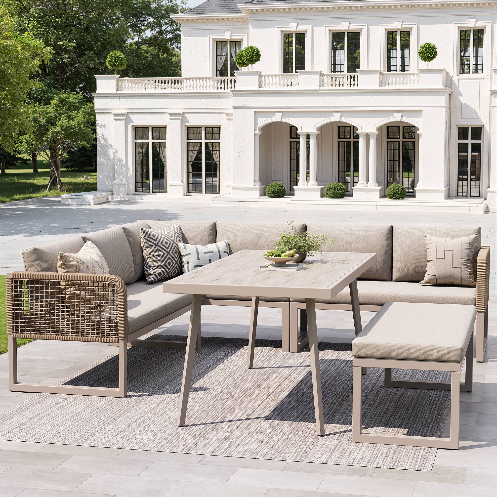 Salon de jardin PE rotin métal beige 121.5 x 61 x 77 cm - PANGIVO - Image 5