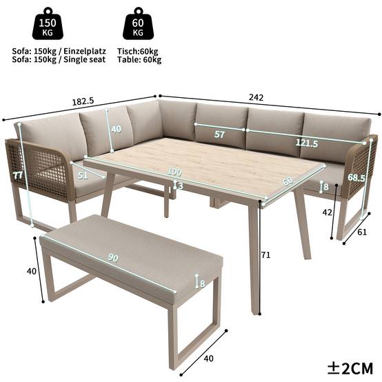Salon de jardin PE rotin métal beige 121.5 x 61 x 77 cm - PANGIVO - Image 6