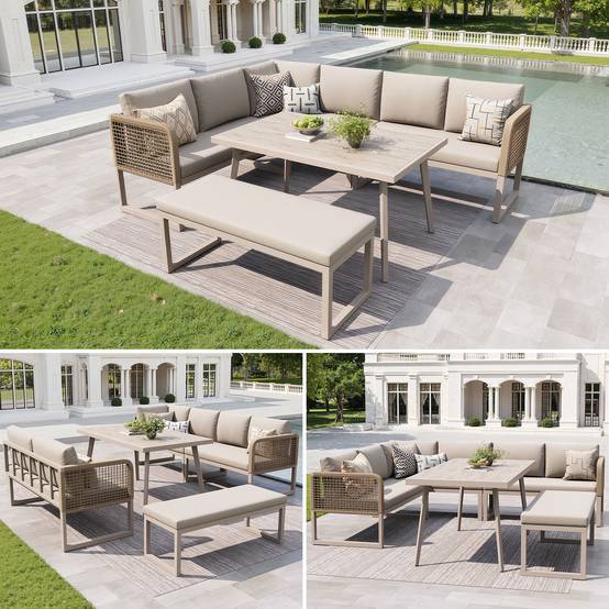 Salon de jardin PE rotin métal beige 121.5 x 61 x 77 cm - PANGIVO - Image 1