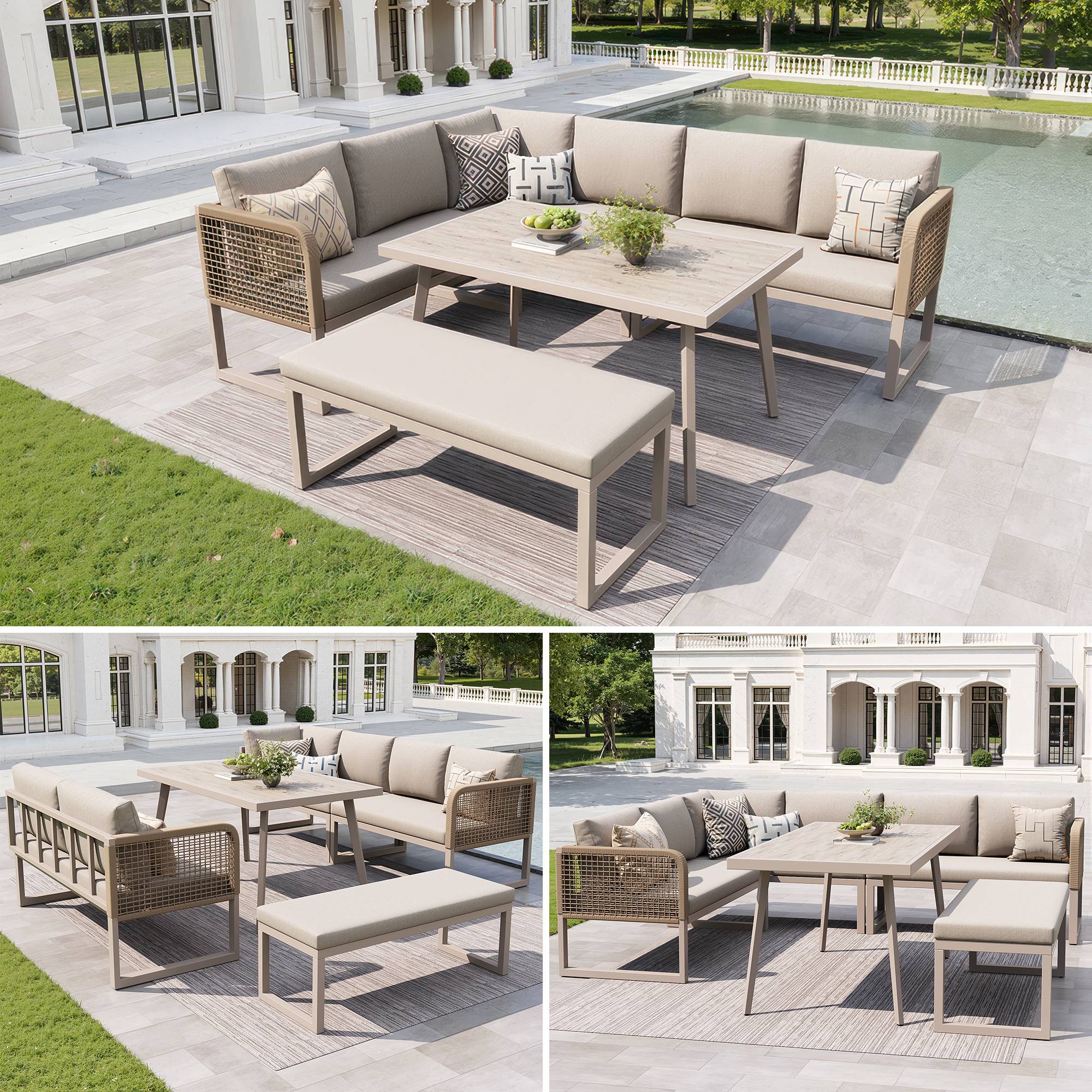 Salon de jardin PE rotin métal beige 121.5 x 61 x 77 cm - PANGIVO