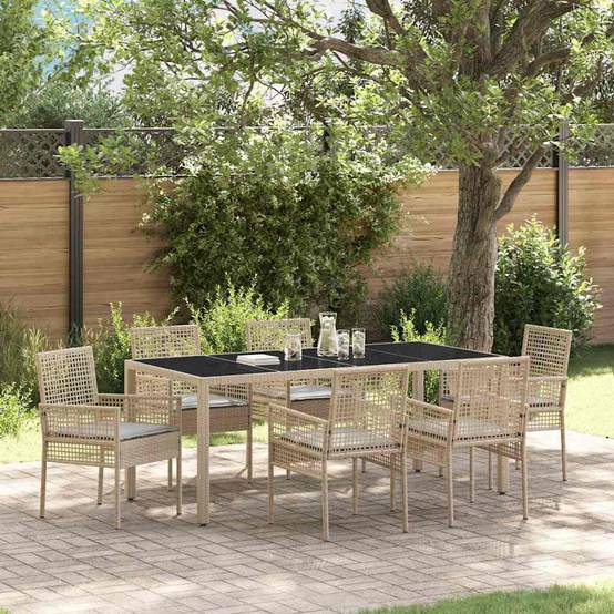 Table et chaises de jardin 6 places en polyrotin beige avec plateau en verre et coussins – ComfortXL Outdoor Living - Image 1