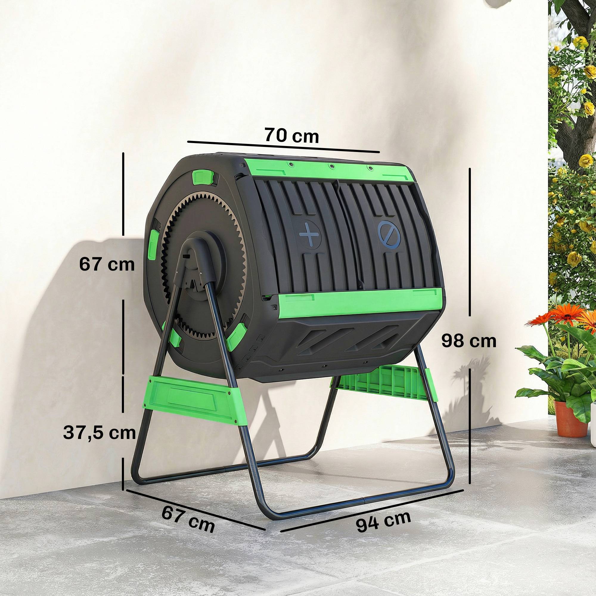 ComfortXL - Composteur rotatif 200 L plastique métal vert double chambre 360° pour déchets verts et déchets de cuisine - Image 3