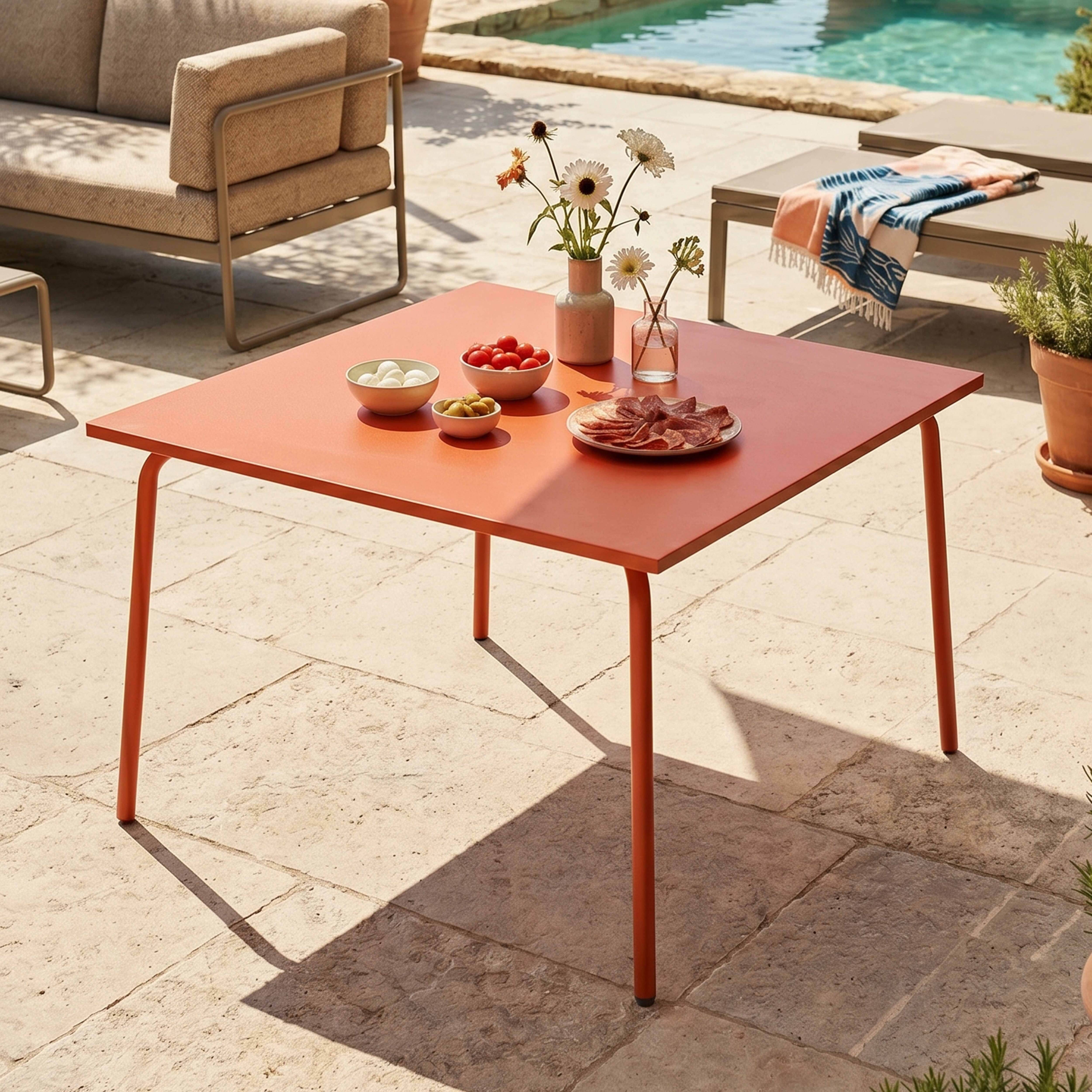 Oviala - Table de jardin carrée en métal 8 places 120 cm orange Palavas - Oviala - Imagen 2