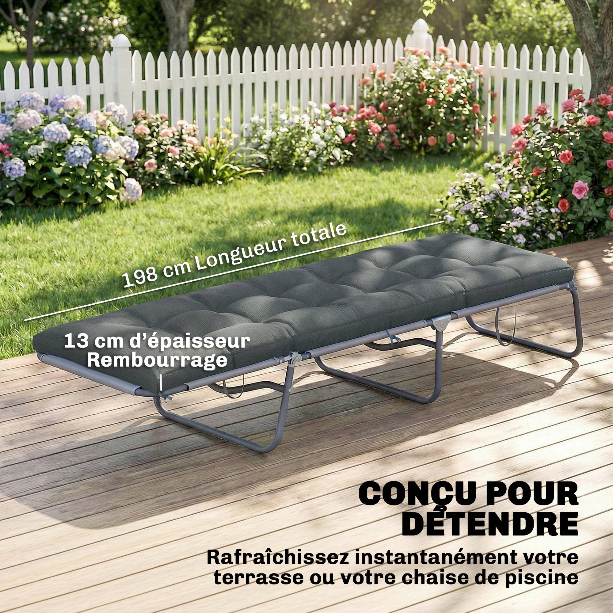 Coussin transat mousse mémoire polyester extérieur confort hydrofuge 198x65 gris foncé - ComfortXL Outdoor Living - Image 6