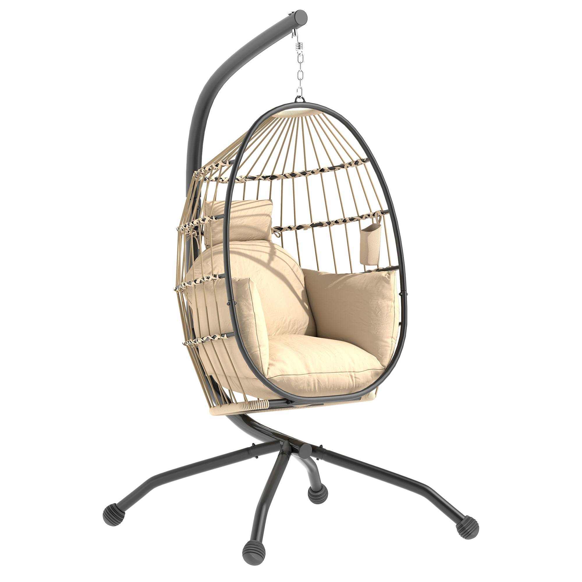 Fauteuil oeuf suspendu, intérieur et extérieur, panier pliable, coussin rembourré, cadre en acier, beige
