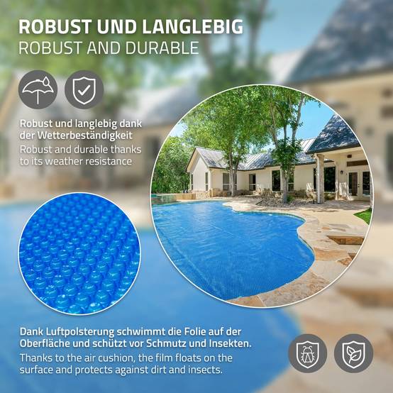 Ecd-Germany - Bâche solaire pour piscine ronde Ø 500 cm bleue, épaisseur de 400µm, film à bulles découpable, couverture thermique, anti-évaporation et saletés - Image 4