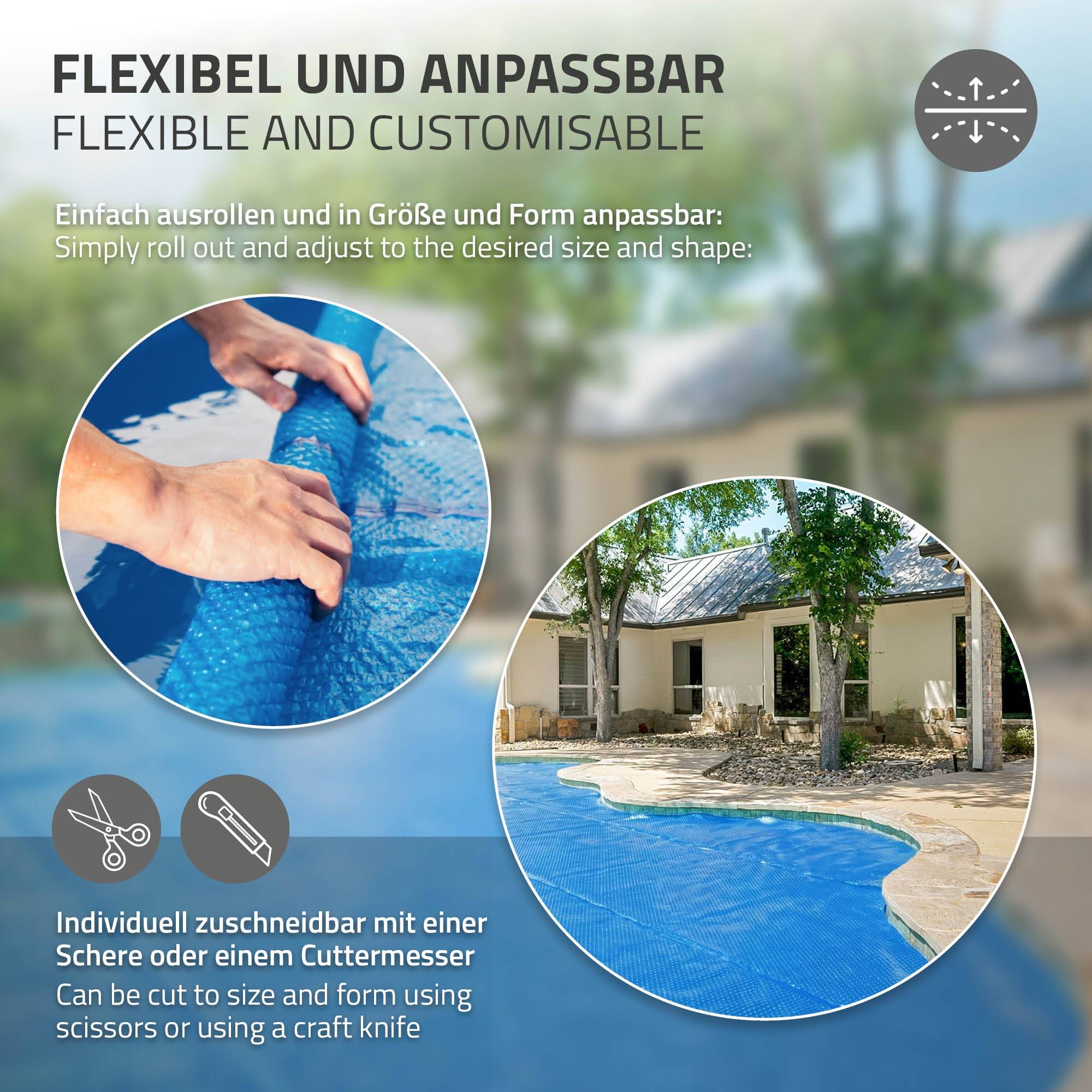 Ecd-Germany - Bâche solaire pour piscine ronde Ø 500 cm bleue, épaisseur de 400µm, film à bulles découpable, couverture thermique, anti-évaporation et saletés - Image 6