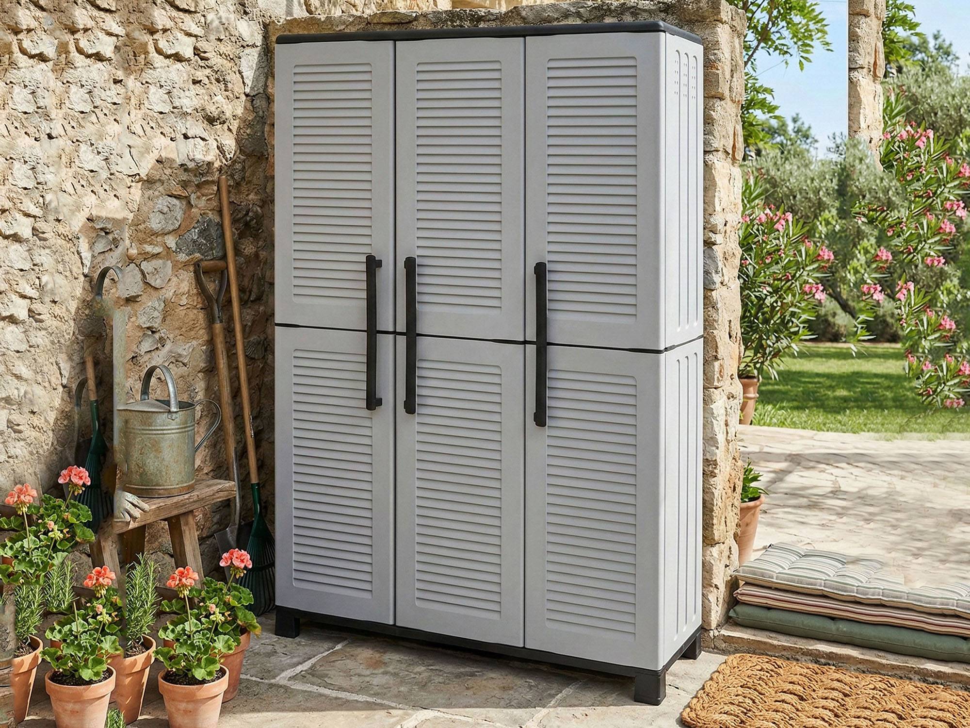 Dmora - Armoire d'extérieur Nandrin, Armoire porte-balai, Armoire d'extérieur 3 portes, 100% Made in Italy, 102x37h169 cm, Gris clair et noir, Finition rayée - Imagen 5