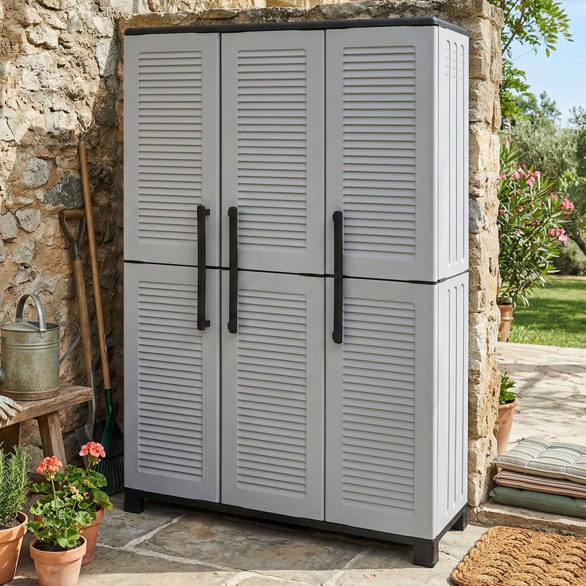 Dmora - Armoire d'extérieur Nandrin, Armoire porte-balai, Armoire d'extérieur 3 portes, 100% Made in Italy, 102x37h169 cm, Gris clair et noir, Finition rayée - Imagen 2
