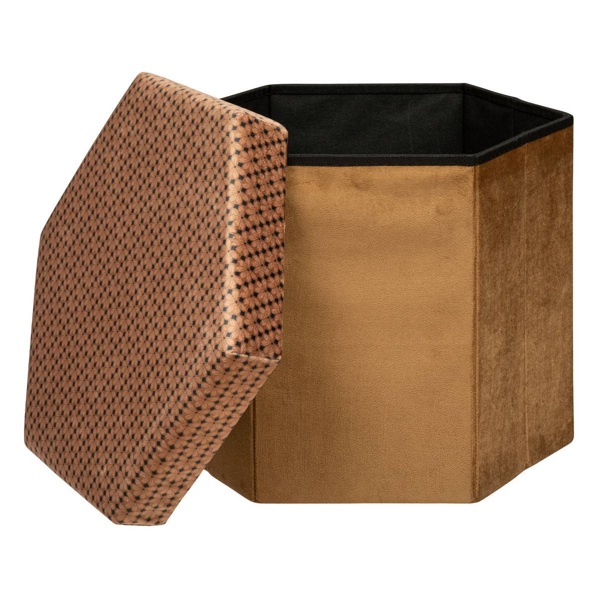 Pouf pliant et Coffre de rangement en velours Marron Caramel avec motifs - Imagen 2