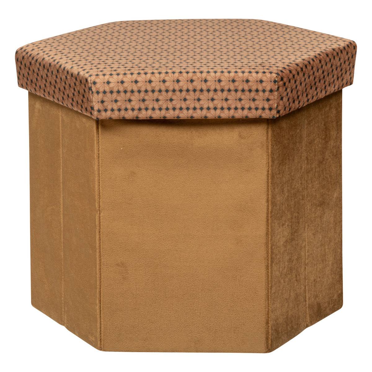 Pouf pliant et Coffre de rangement en velours Marron Caramel avec motifs - Imagen 1