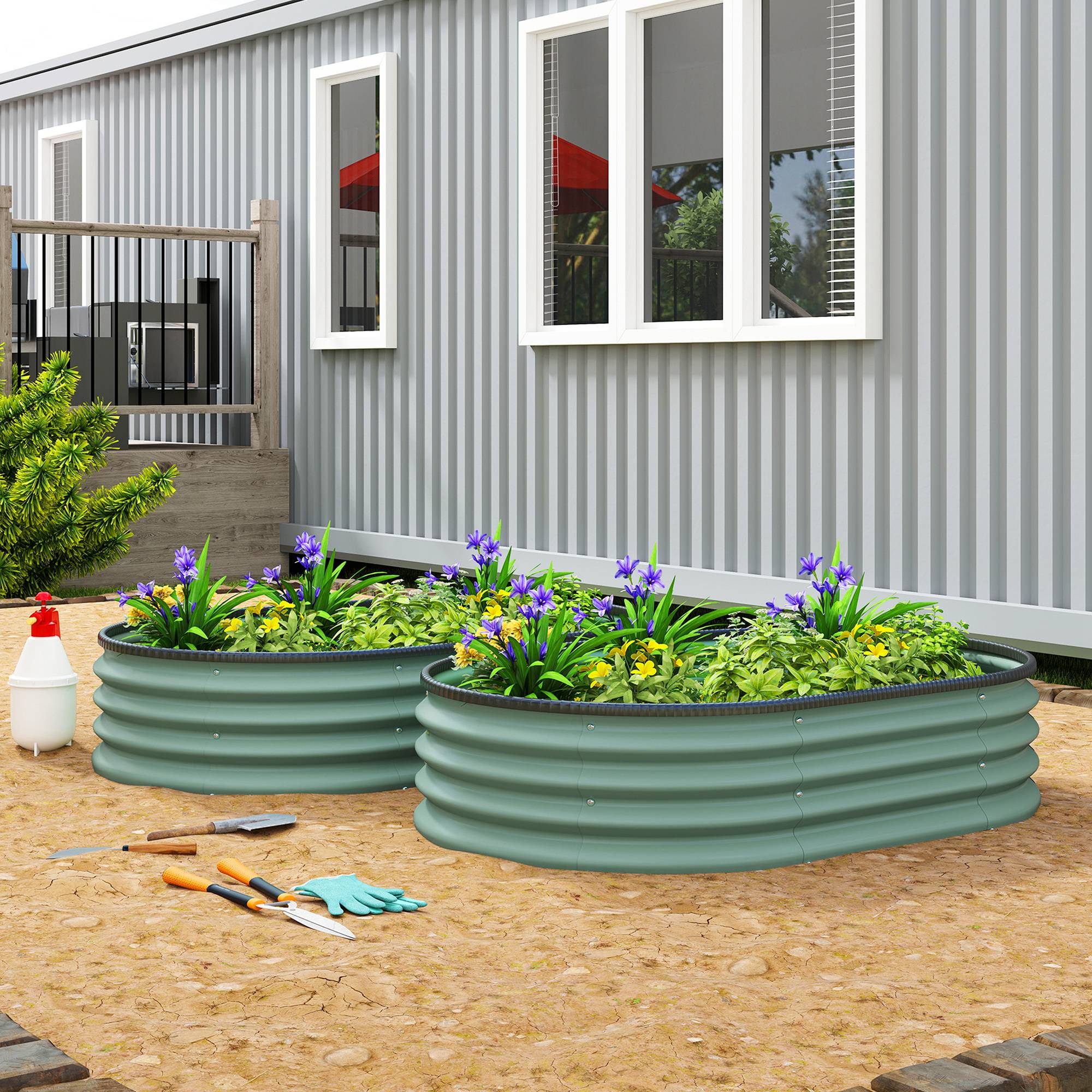 Set 2 Bacs Surélevés Métal Galvanisé Bord Caoutchouc Modulable, 135x90x30cm Vert - Image 3