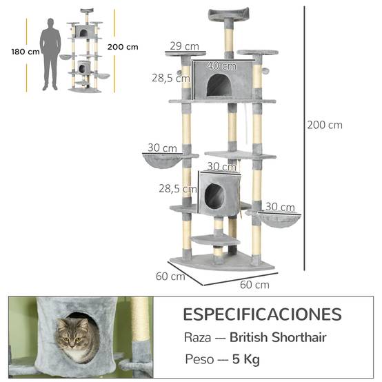 Grand arbre à chat XXL pour plusieurs chats avec 2 niches 2 hamacs et griffoirs en sisal 200 cm Gris - ComfortXL Outdoor Living - Image 5