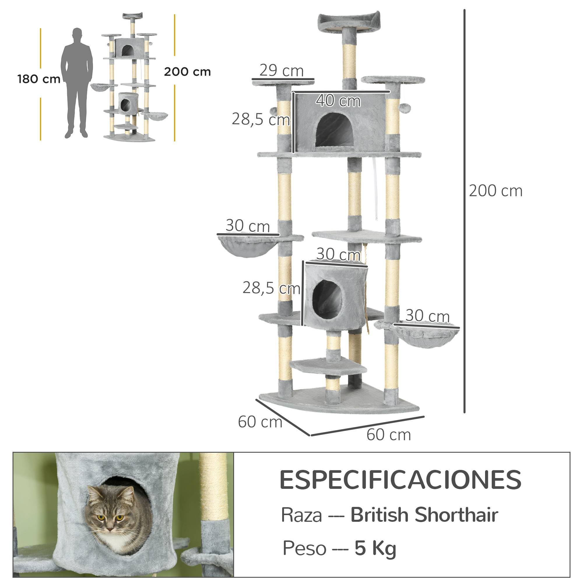 Grand arbre à chat XXL pour plusieurs chats avec 2 niches 2 hamacs et griffoirs en sisal 200 cm Gris - ComfortXL Outdoor Living - Image 5