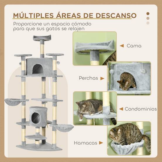 Grand arbre à chat XXL pour plusieurs chats avec 2 niches 2 hamacs et griffoirs en sisal 200 cm Gris - ComfortXL Outdoor Living - Image 6
