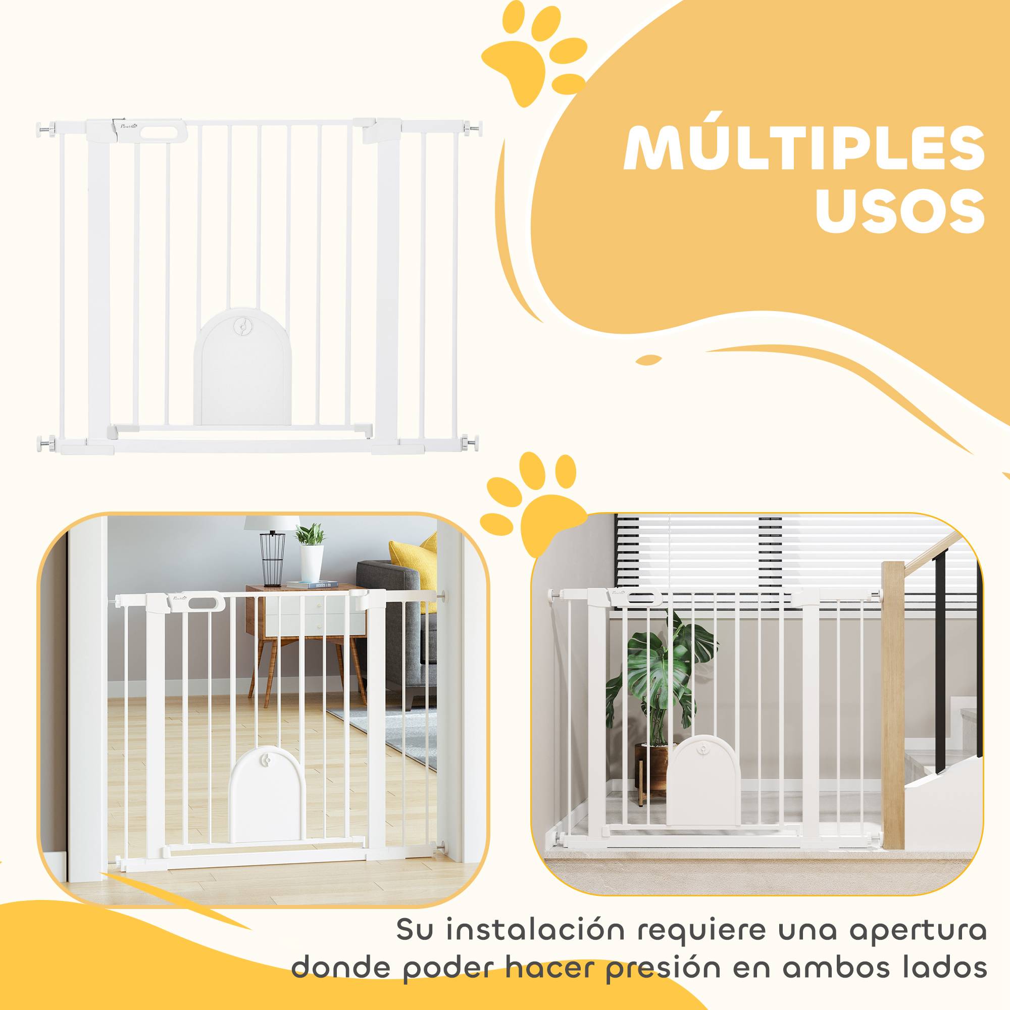 Barrière de sécurité pour chiens de 75 à 103 cm pour escaliers et portes, avec 2 extensions, fermeture automatique et double verrouillage, blanche. - Image 10