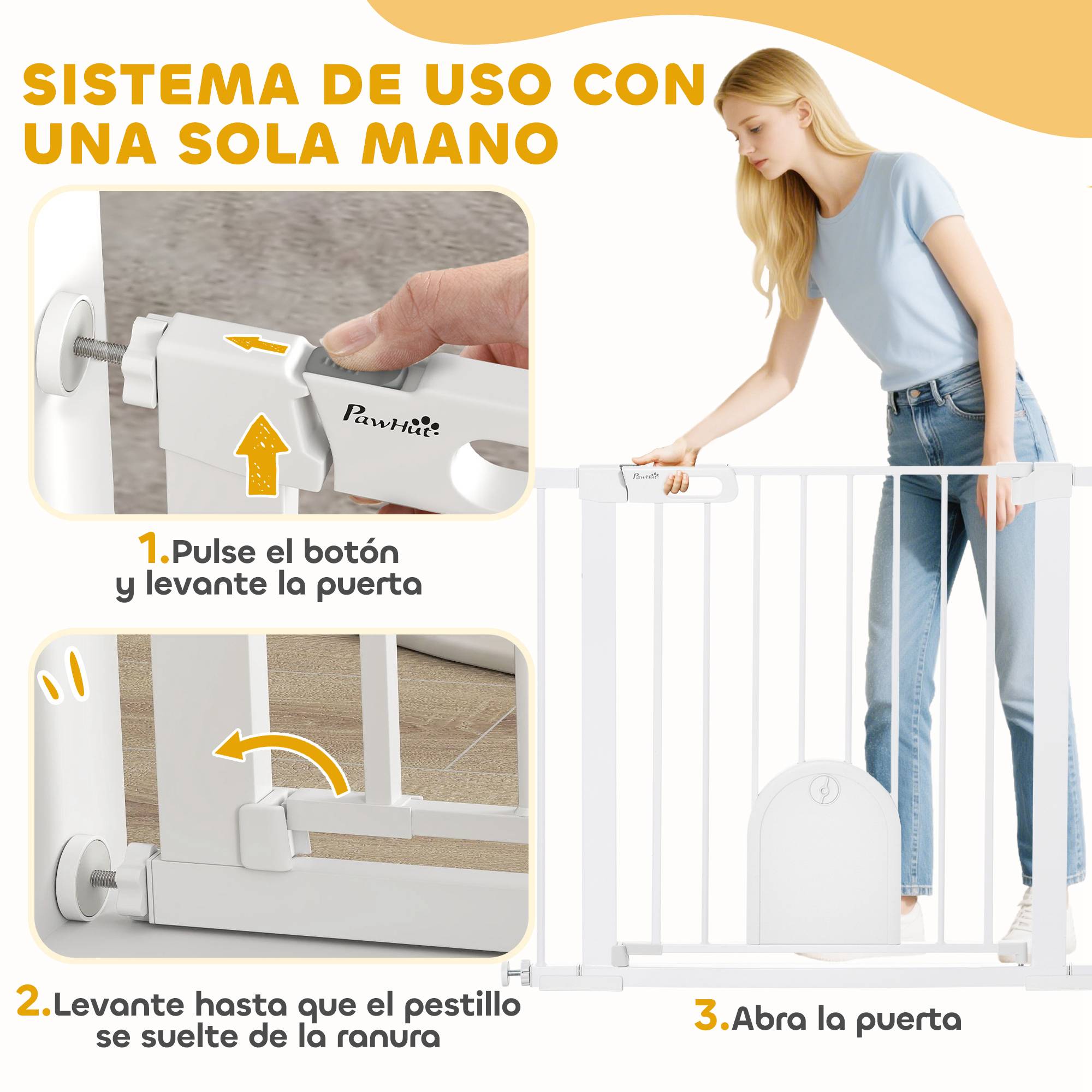 Barrière de sécurité pour chiens de 75 à 103 cm pour escaliers et portes, avec 2 extensions, fermeture automatique et double verrouillage, blanche. - Image 6
