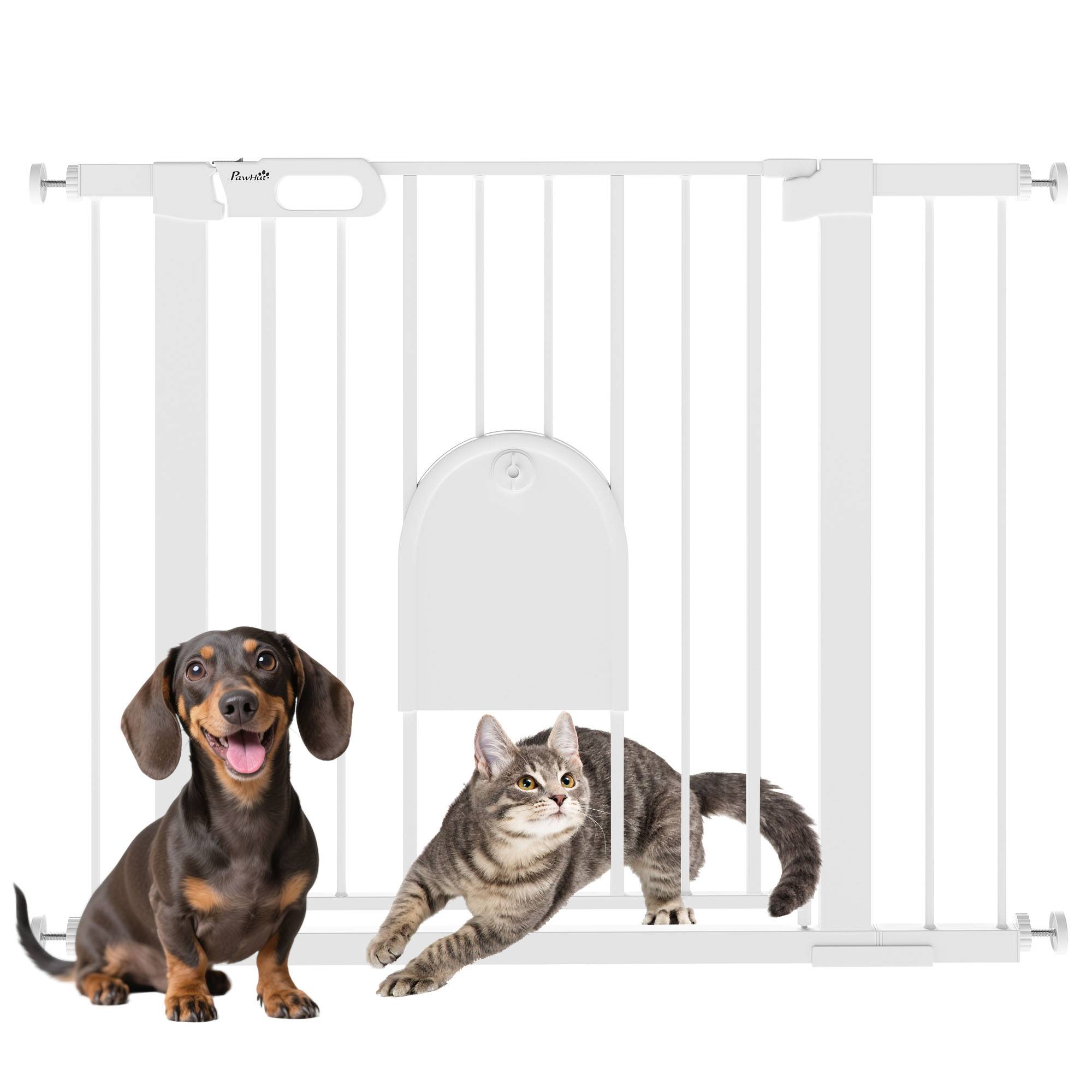 Barrière de sécurité pour chiens de 75 à 103 cm pour escaliers et portes, avec 2 extensions, fermeture automatique et double verrouillage, blanche. - Image 1