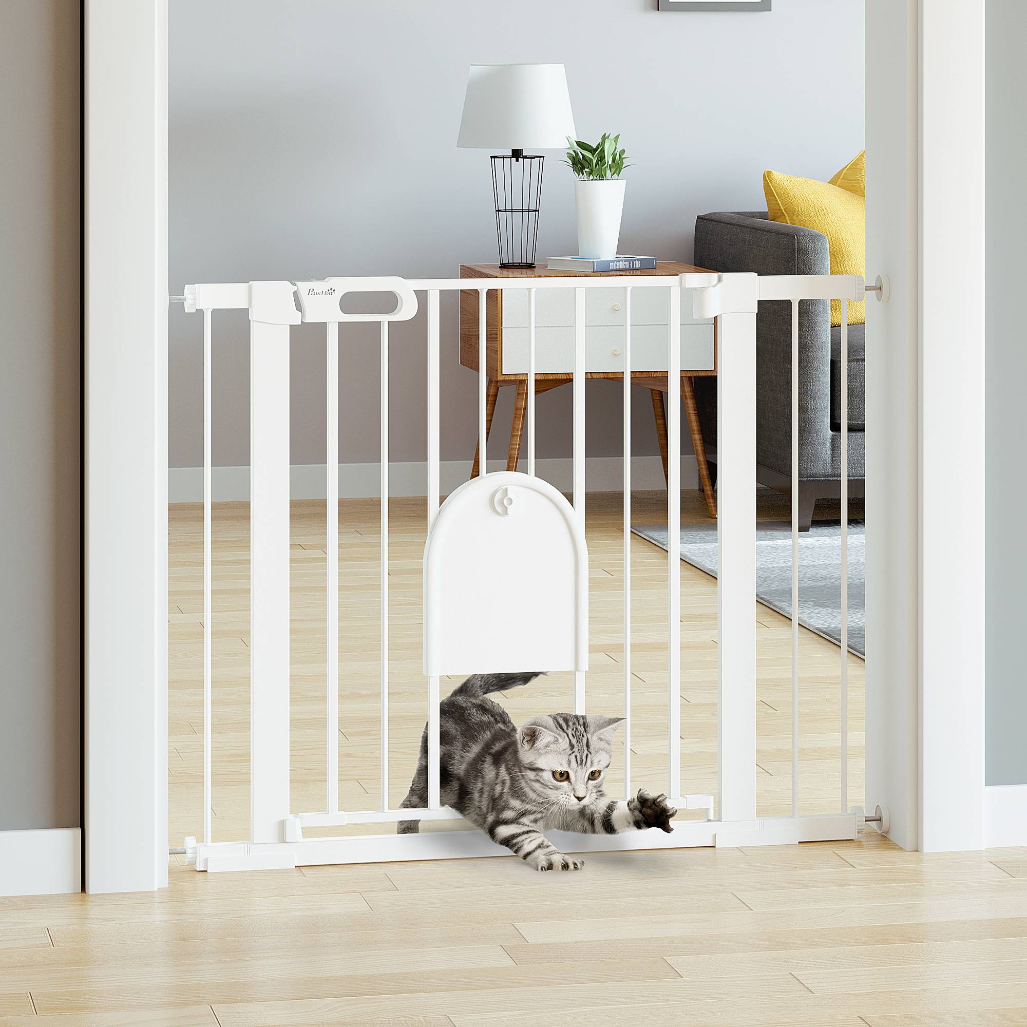 Barrière de sécurité pour chiens de 75 à 103 cm pour escaliers et portes, avec 2 extensions, fermeture automatique et double verrouillage, blanche. - Image 3