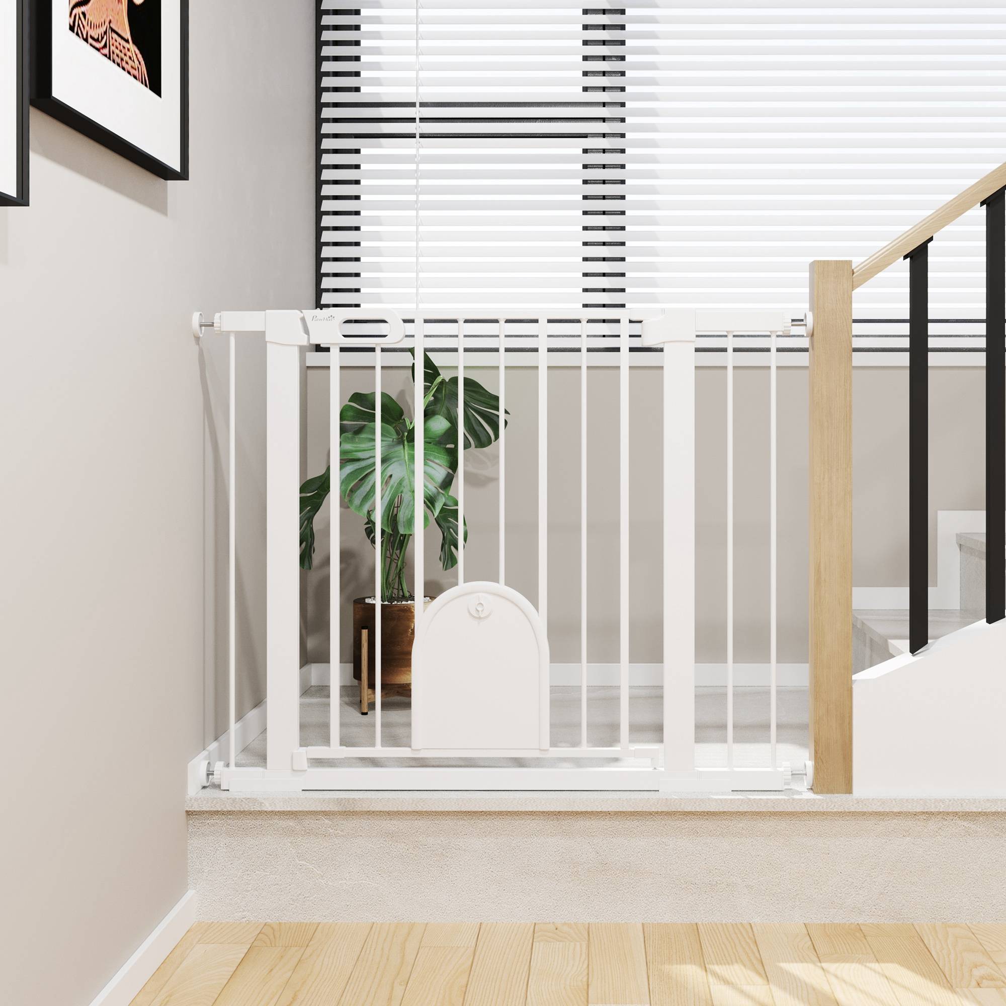 Barrière de sécurité pour chiens de 75 à 103 cm pour escaliers et portes, avec 2 extensions, fermeture automatique et double verrouillage, blanche. - Image 4