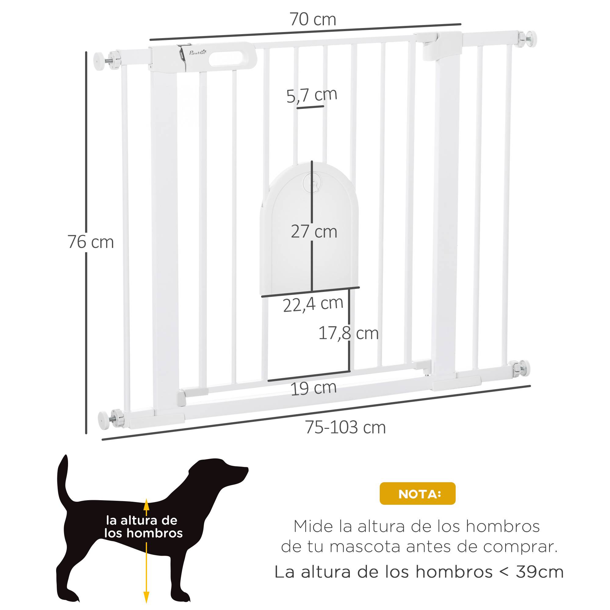 Barrière de sécurité pour chiens de 75 à 103 cm pour escaliers et portes, avec 2 extensions, fermeture automatique et double verrouillage, blanche. - Image 5