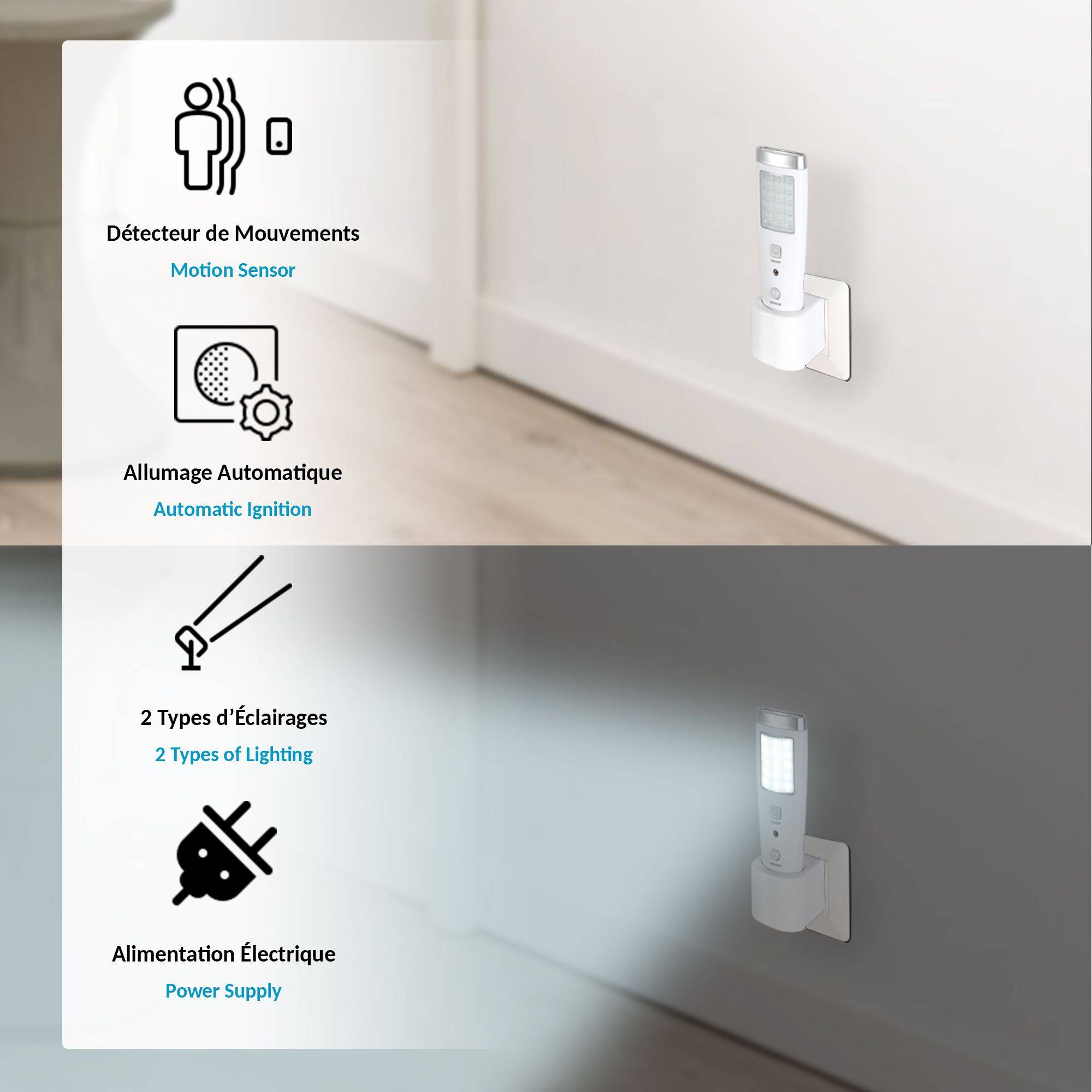 Lampe Torche LED Détecteur De Mouvement - 15 LED Puissantes 5 LED Poche Rechargeable Sur Socle Sécurité Escaliers Couloirs Maison - Image 3