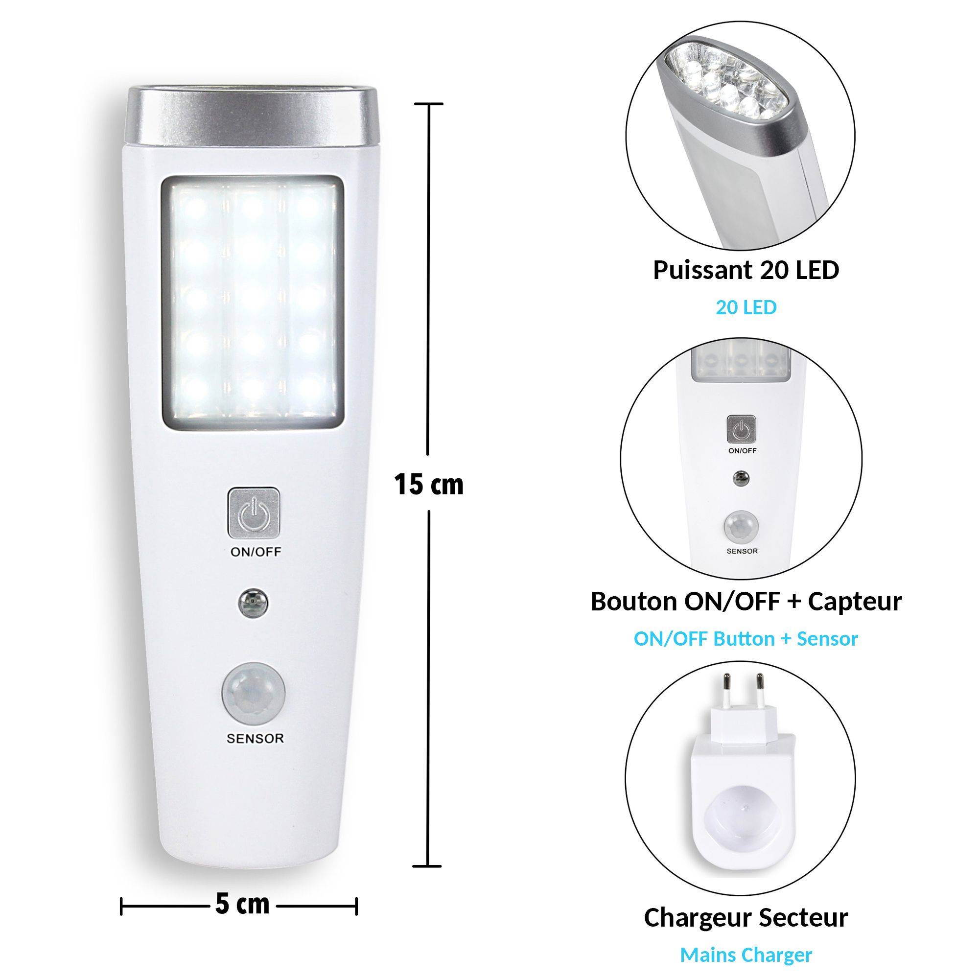 Lampe Torche LED Détecteur De Mouvement - 15 LED Puissantes 5 LED Poche Rechargeable Sur Socle Sécurité Escaliers Couloirs Maison - Image 8