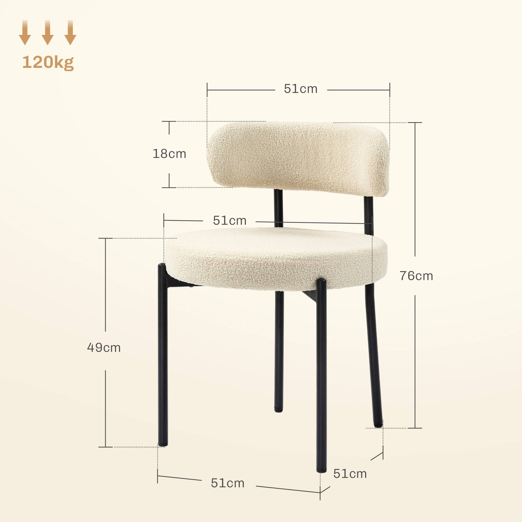 Lot de 2 chaises de salle à manger avec dossier en tissu pieds en acier 51 x 51 x 76 cm beige noir - Image 5