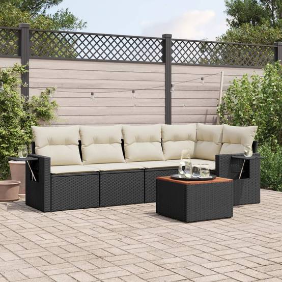 Canapé d'Angle de Jardin 5 Places Résine Tressée Coussins Crème Table Basse Acacia Noir – ComfortXL Outdoor Living - Image 1
