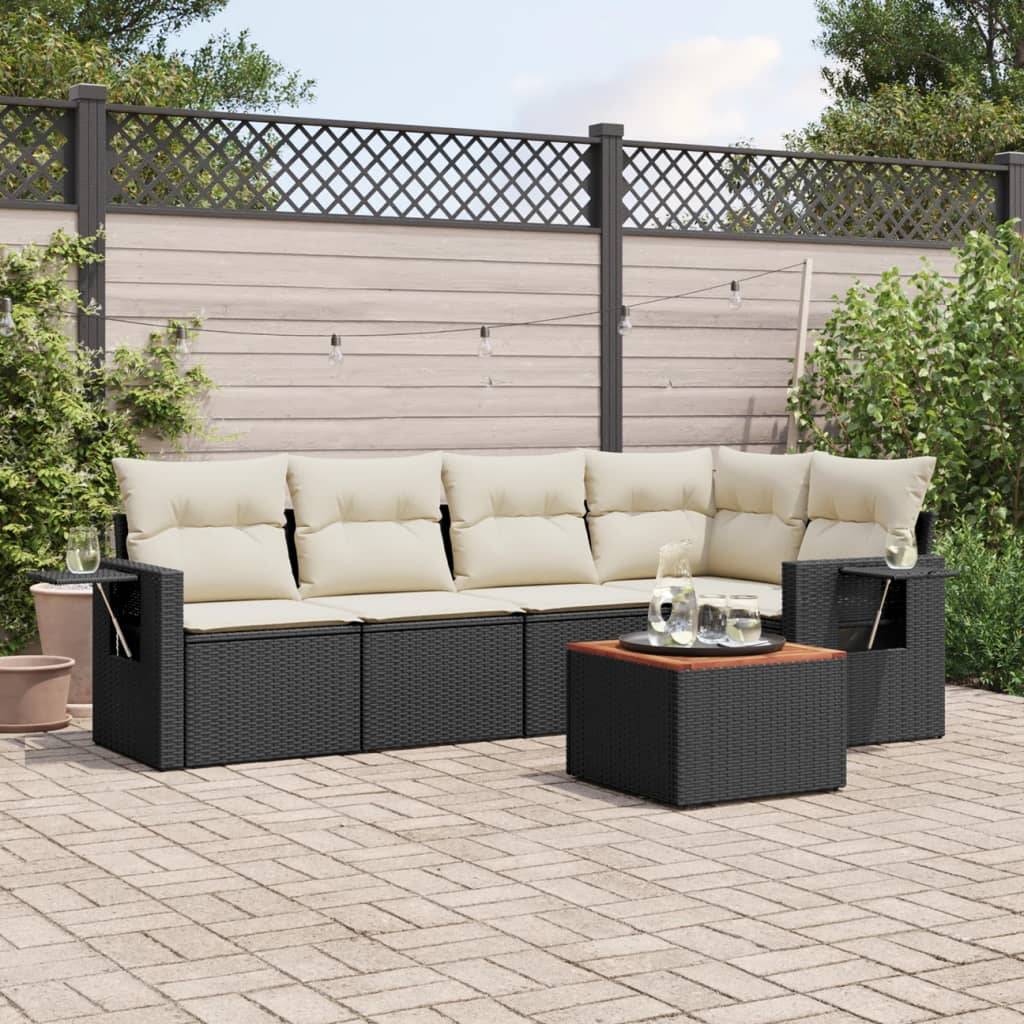 Canapé d'Angle de Jardin 5 Places Résine Tressée Coussins Crème Table Basse Acacia Noir – ComfortXL Outdoor Living - Image 1