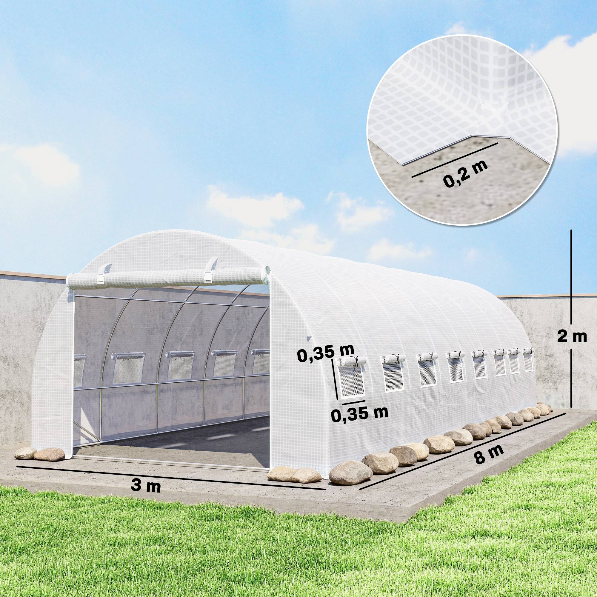 Sans Marque - Serre de jardin tunnel 24m² 8L x 3l x 2H m - 16 fenêtres, Porte zippée enroulable acier galvanisé, bâche PE, Blanc - Image 5