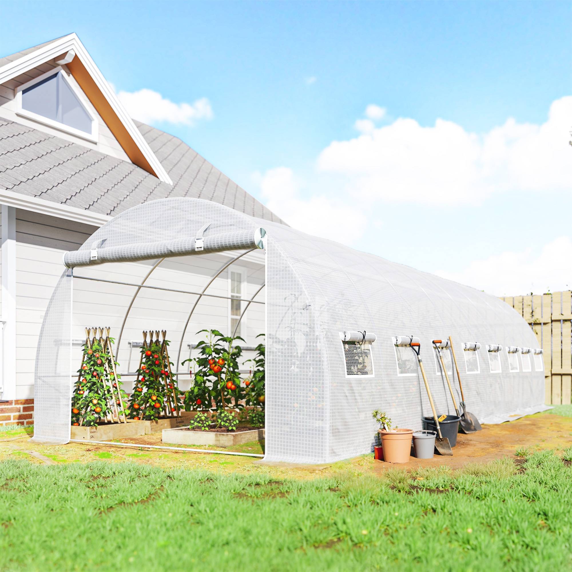 Sans Marque - Serre de jardin tunnel 24m² 8L x 3l x 2H m - 16 fenêtres, Porte zippée enroulable acier galvanisé, bâche PE, Blanc - Image 3