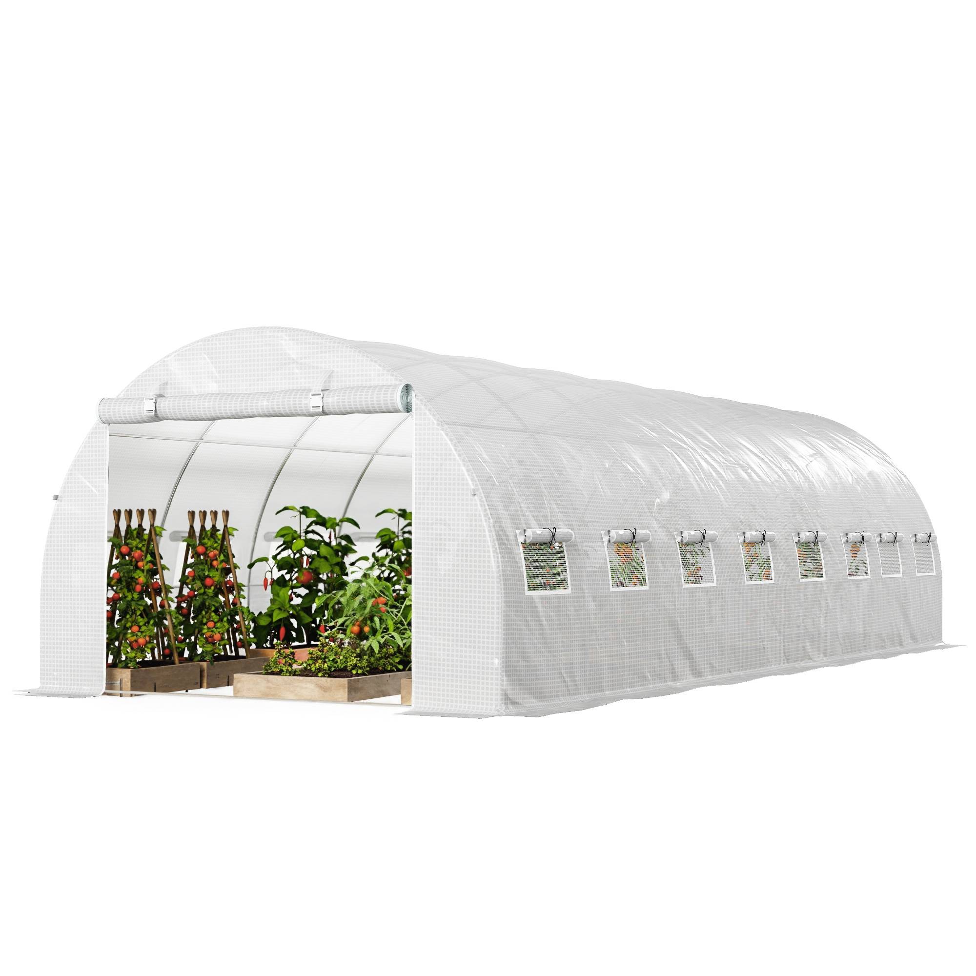 Sans Marque - Serre de jardin tunnel 24m² 8L x 3l x 2H m - 16 fenêtres, Porte zippée enroulable acier galvanisé, bâche PE, Blanc - Image 2