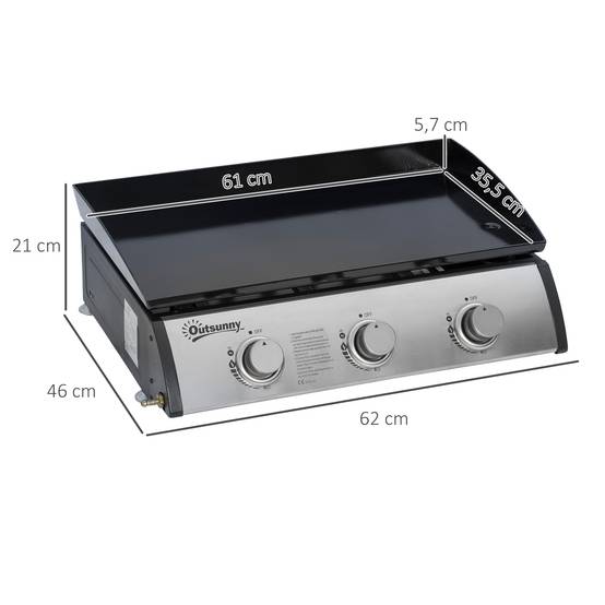 Plancha gaz en acier inox 3 brûleurs 9 kW antiadhésive grande surface de gril 61 x 35,5 cm - Image 5