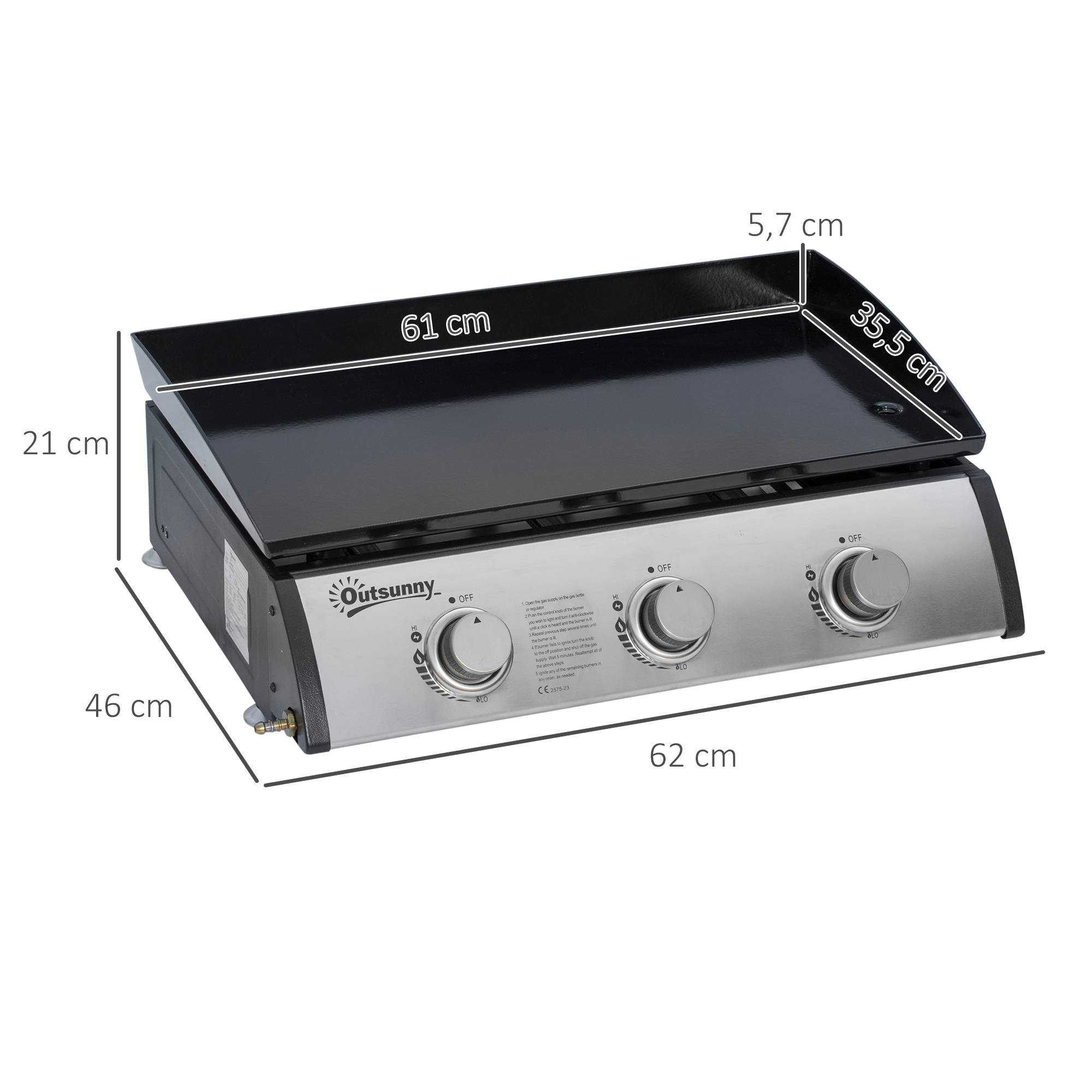 Plancha gaz en acier inox 3 brûleurs 9 kW antiadhésive grande surface de gril 61 x 35,5 cm - Image 5