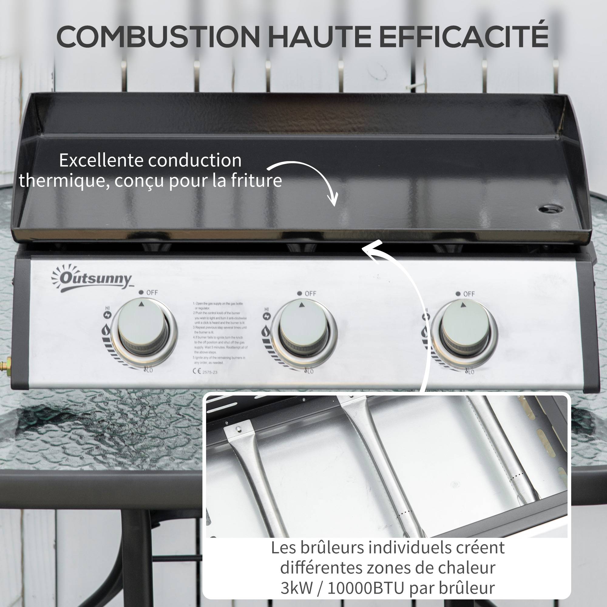 Plancha gaz en acier inox 3 brûleurs 9 kW antiadhésive grande surface de gril 61 x 35,5 cm - Image 6