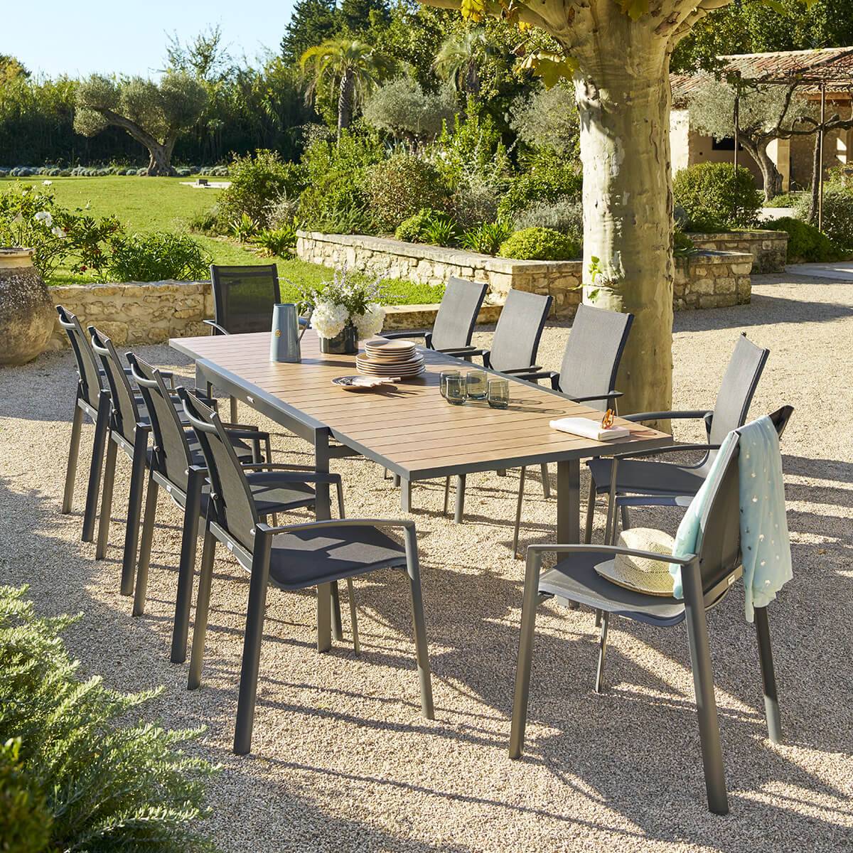Hesperide - Table de jardin extensible coulissante "Évasion" effet bois honey & graphite 10 places lates en aluminium - Hespéride