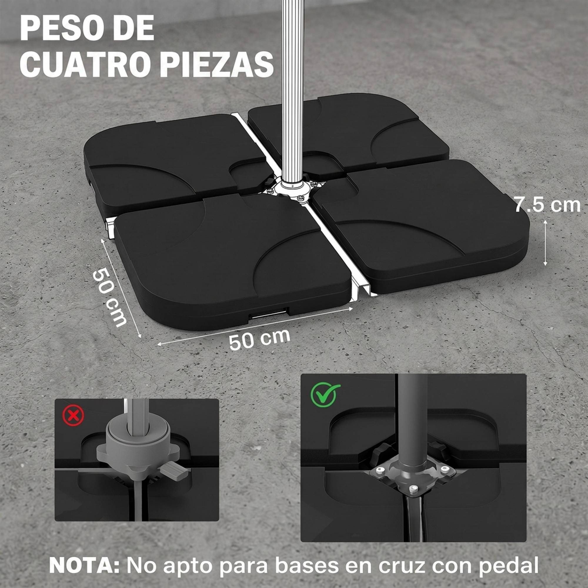 Lot de 4 poids remplissables eau ou sable HDPE pour parasol base croix 50x50x7,5 cm, noir - Image 5