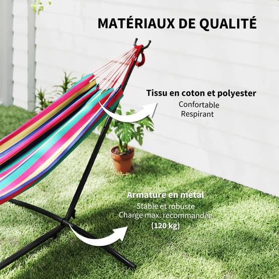 Hamac avec support métal et coton bleu et vert 310 x 117 x 105 cm - PANGIVO - Image 7