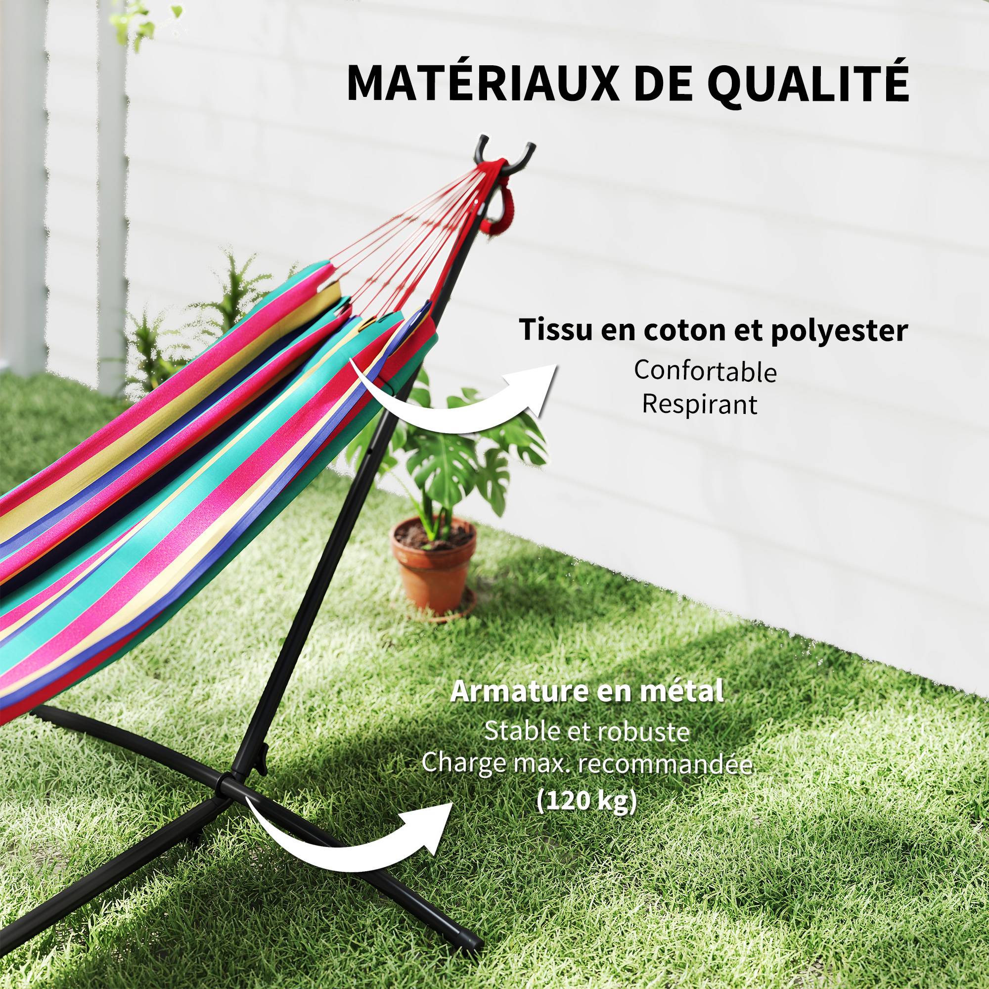 Hamac avec support métal et coton bleu et vert 310 x 117 x 105 cm - PANGIVO - Image 7