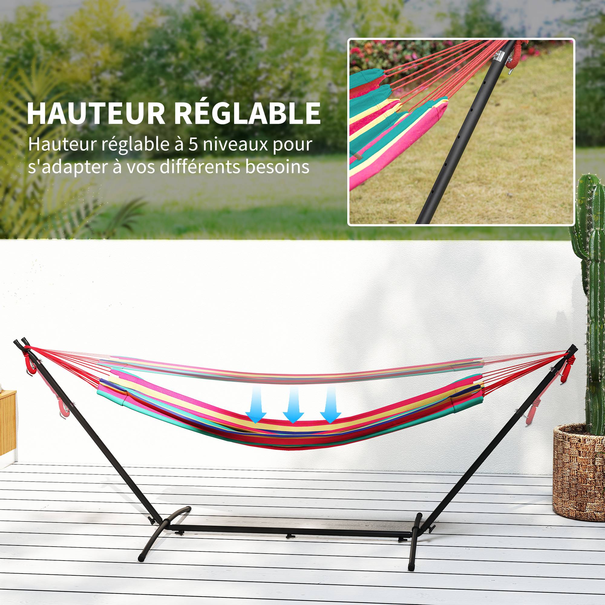 Hamac avec support métal et coton bleu et vert 310 x 117 x 105 cm - PANGIVO - Image 6