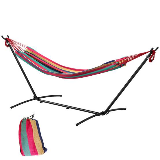Hamac avec support métal et coton bleu et vert 310 x 117 x 105 cm - PANGIVO - Image 1
