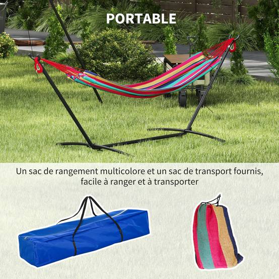 Hamac avec support métal et coton bleu et vert 310 x 117 x 105 cm - PANGIVO - Image 9