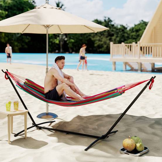 Hamac avec support métal et coton bleu et vert 310 x 117 x 105 cm - PANGIVO - Image 3