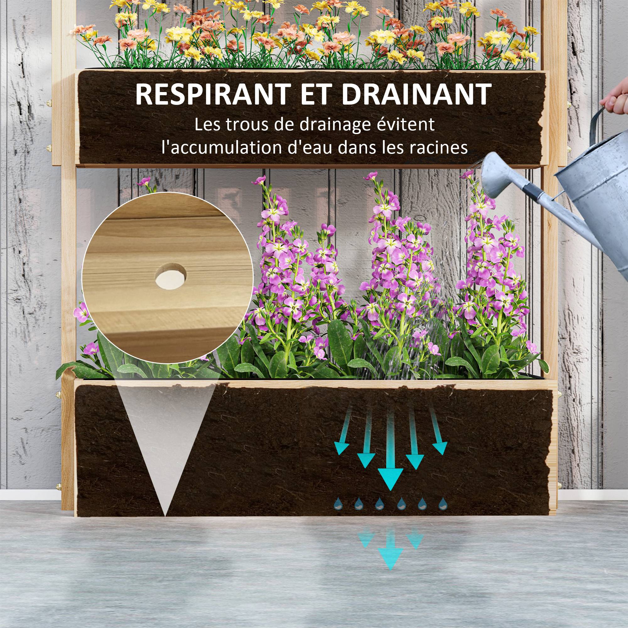 Outsunny - Jardinière surélevée 4 étages avec escalier fleurs, doublure, trous de drainage pour terrasse balcon jardin bois naturel - Outsunny - Image 6
